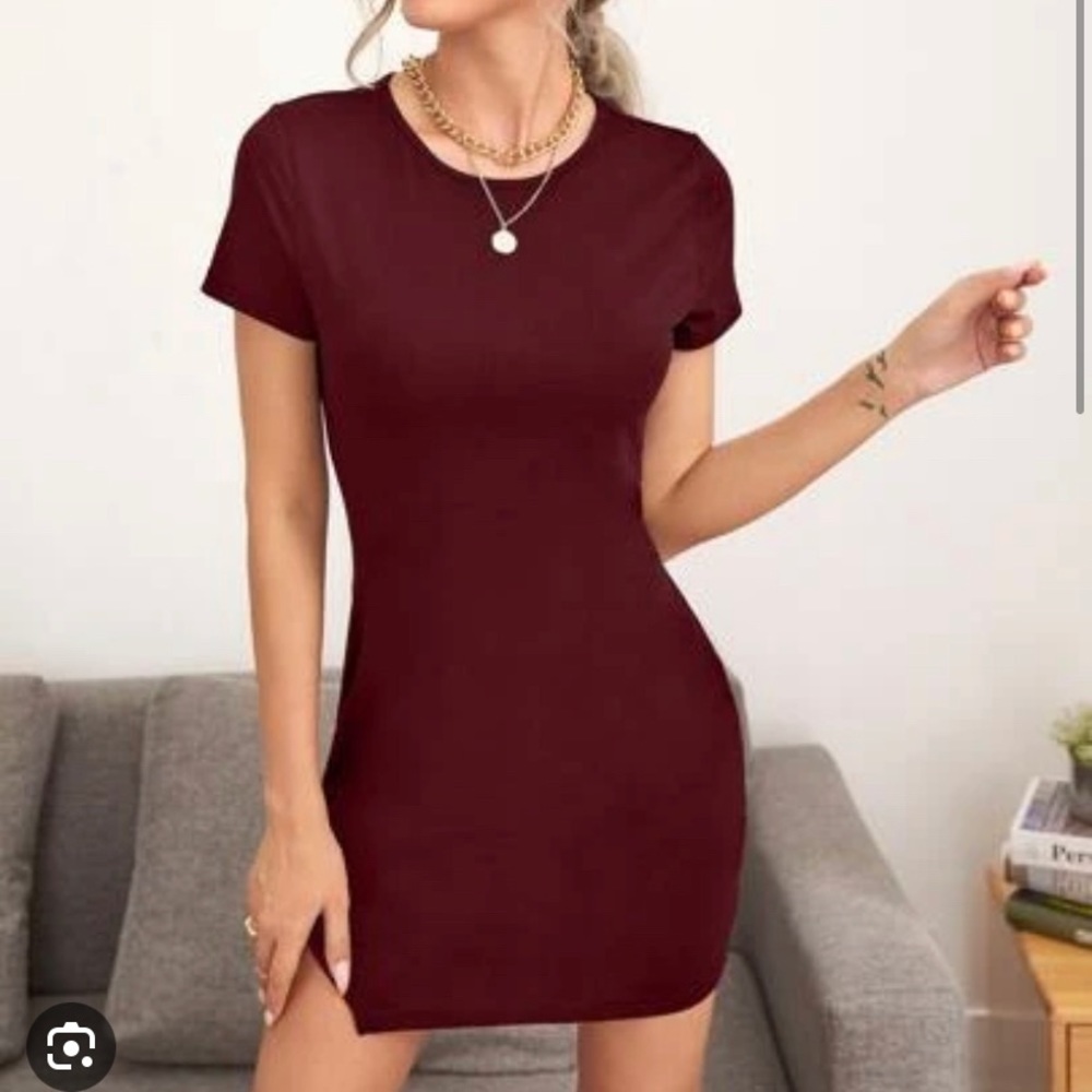 forever 21 maroon velvet ribbed mini body-con short sleeve dress size small